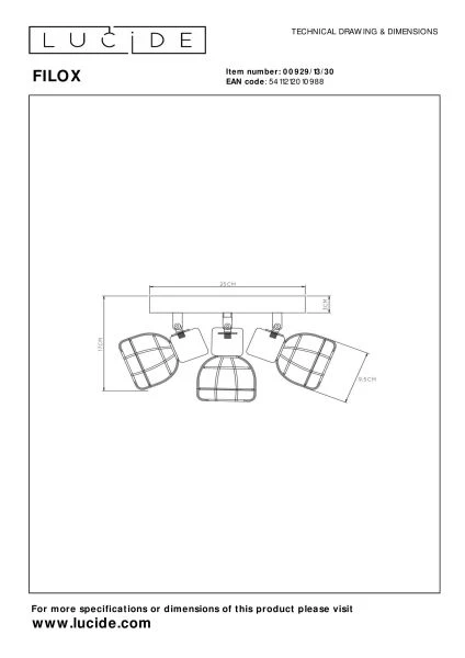 Lucide FILOX - Deckenstrahler - Ø 25 cm - 3xE14 - Schwarz - TECHNISCH